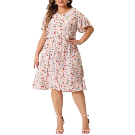Agnes Orinda Plus Size Dress for Women V Neck Flare Sleeve Floral Peplum Ruffle Dress 3X Light Pink
