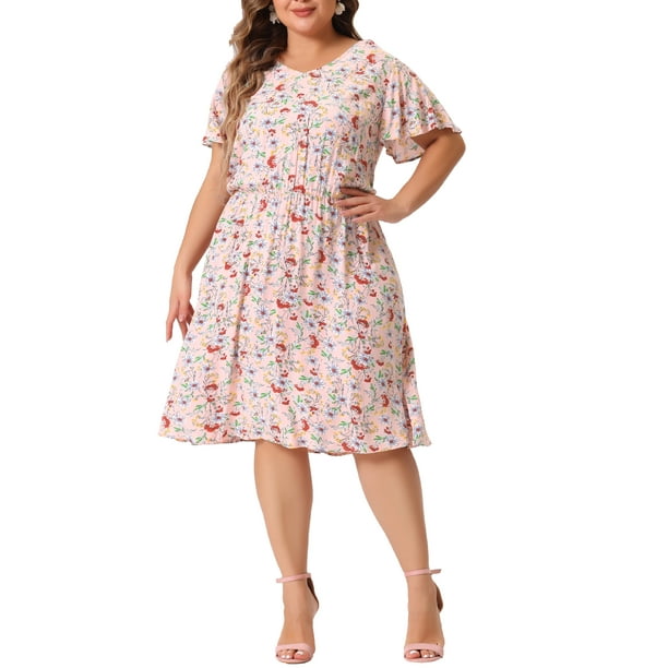GRACE & GRANDEUR Vestido de Tallas Grandes para Mujeres para el Día de la Madre con Mangas Cortas de Volantes Estampado Floral Midi de Verano 4X Rosa Claro
