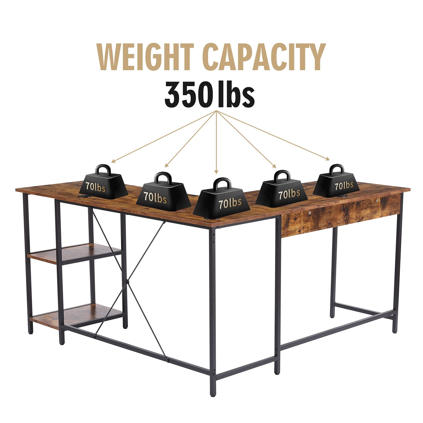 UNICOO® L Shaped Computer Desk, Modern Corner Computer Desks with CPU Stand, L Shaped Game Table with Storage Shelves, Study Writing Desk (SYK-03-L-RB) Rustic Brown