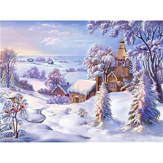 HOMFUN-pintura de diamante redondo/cuadrado 5D DIY "Casa nieve paisaje de invierno", bordado de punto de cruz, decoración de diamantes de imitación completa