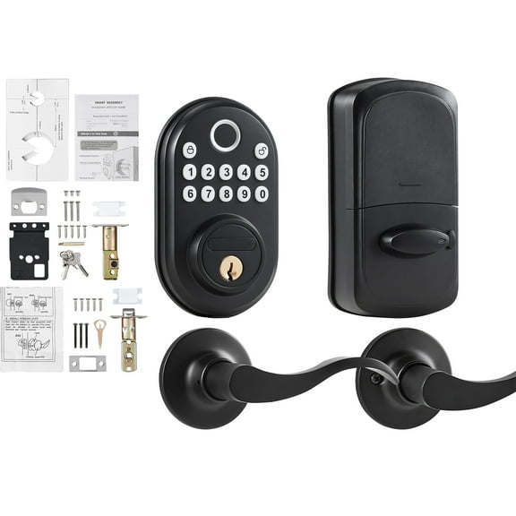 KFFKFF Fingerprint Door Lock with Lever Handles, Biometric/Keypad Code/Key Access, Temporary and Concealed Password Options, Continuous Unlock Mode, Aluminum Alloy, Electronic Keypad Deadbolt