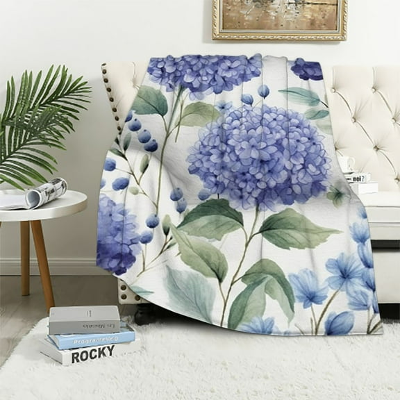 HENGT Flannel Blanket Throw, Watercolor Hydrangea Spring Summer Flowers Floral Ultra Soft Warm Fluffy Plush Throw Blanket for Bed Couch Camping Decorative Throw