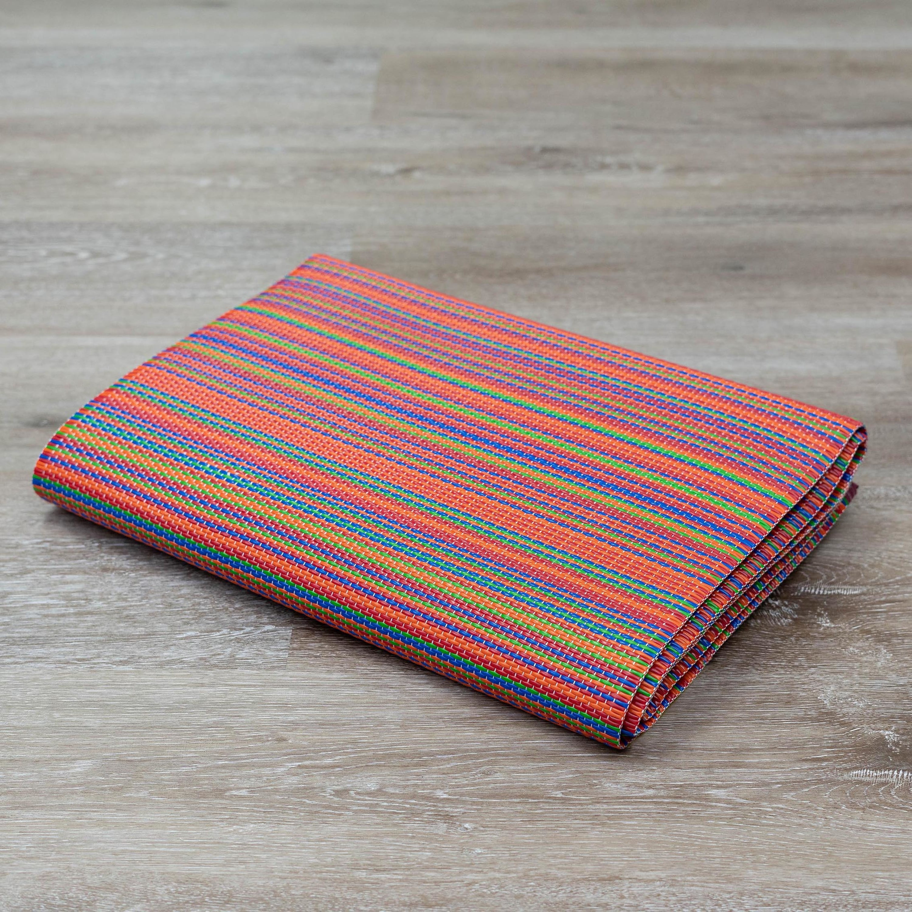 Luna Contemporary Stripe Red and Blue Polypropylene Reversible Plastic Straw Outdoor Area Rug, 5' x 6'11'' Rectangle