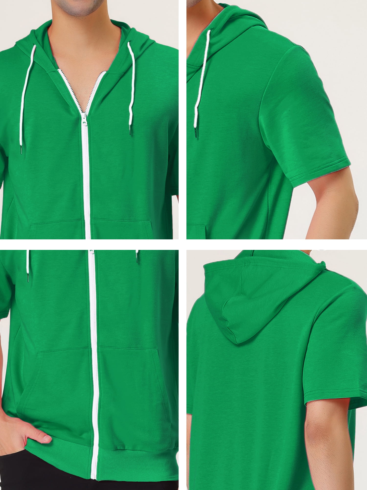 Unique Bargains Men's Short Sleeve Solid Color Zip Up Sport Hoodies M Bright Green