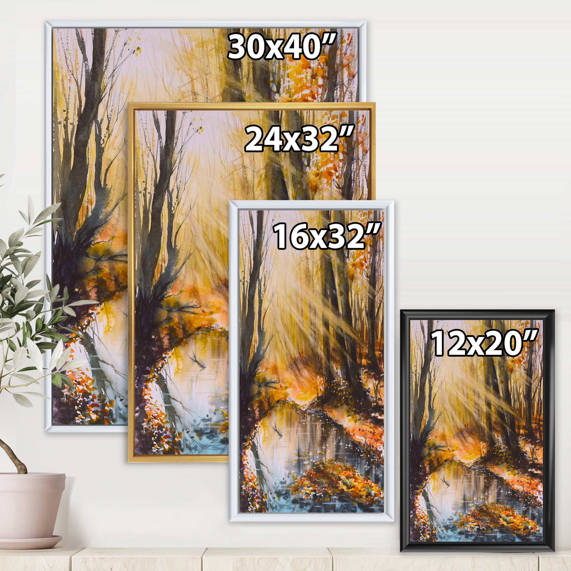 Designart 'Bright Sunshine Through The Brown Forest Trees' Lake House Framed Canvas Wall Art Print