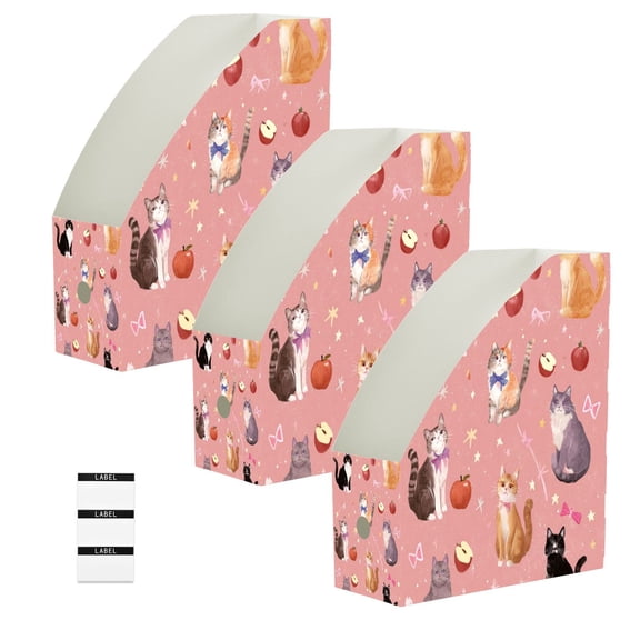 Set of 3 Heavy Book Organizer, Easy to clean PP Magazine File Holder, Cat-pattern, 23*30*10cm