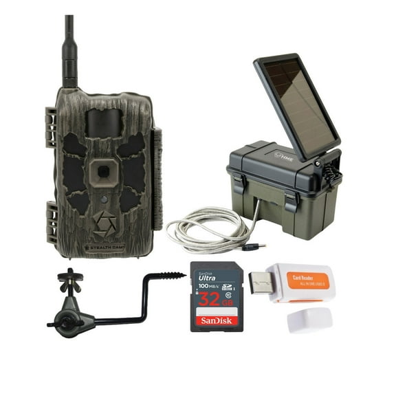 Stealth Cam 40MP Deceptor Max Cellular Trail Camera with 0.4-Second Trigger Speed Bundle with Solar Auxiliary Power Pack, Trail Camera Holder, 32GB Ultra SDHC Memory Card, and Card Reader (5 Items)