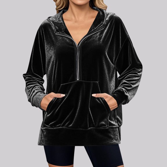 Guieoi Plus Size Jackets Women's Winter Loose Long Zipper Velvet Sweatshirt Pocket Hooded Tops Velvet Jacket with Pockets Black Black*Friday/Cyber*Monday