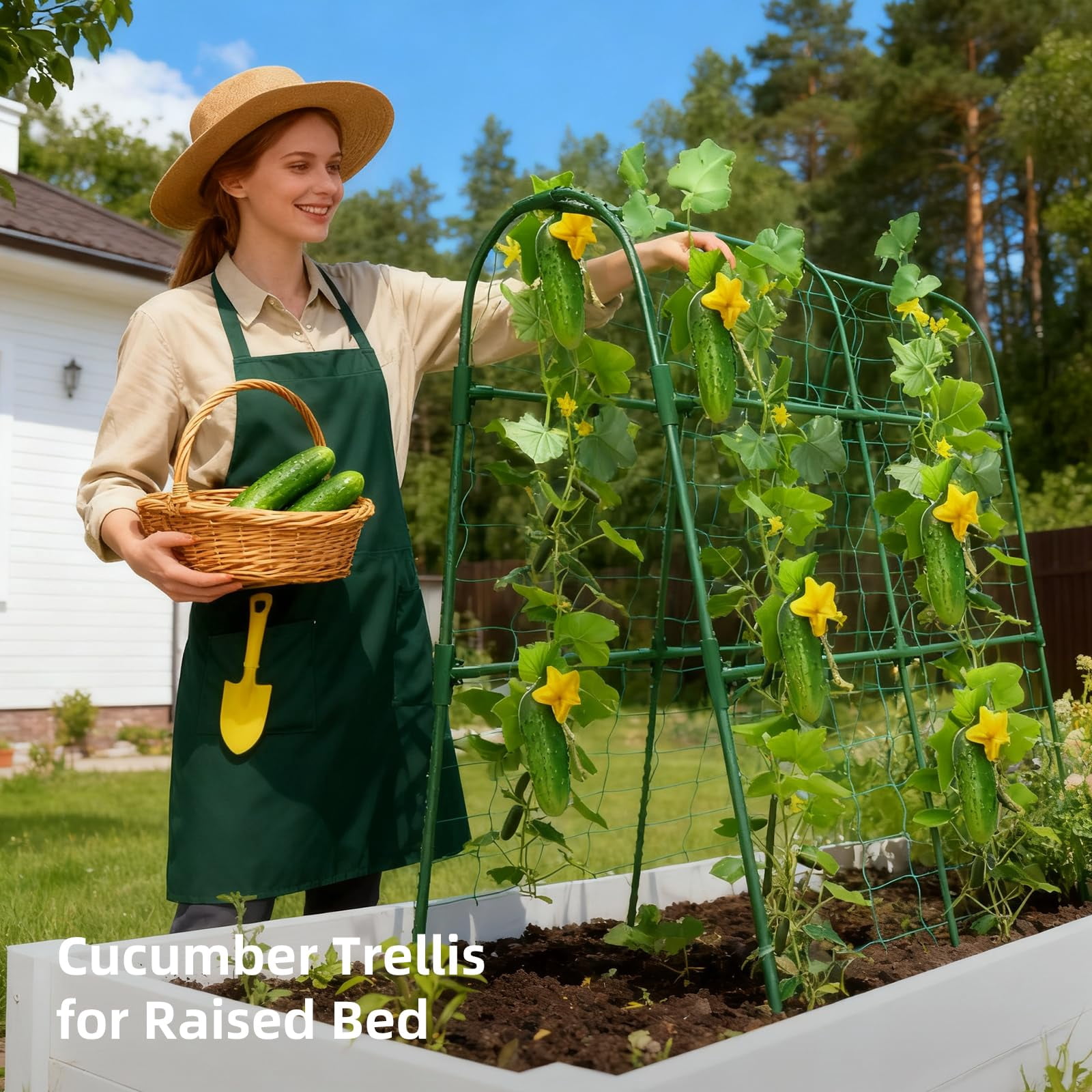 Cucumber Trellis For Raised Bed  U-shape Garden Arch Metal Support Climbing Plants Plant Vegetables Vine (green 31.5 * 30 47inch(l*w*h))