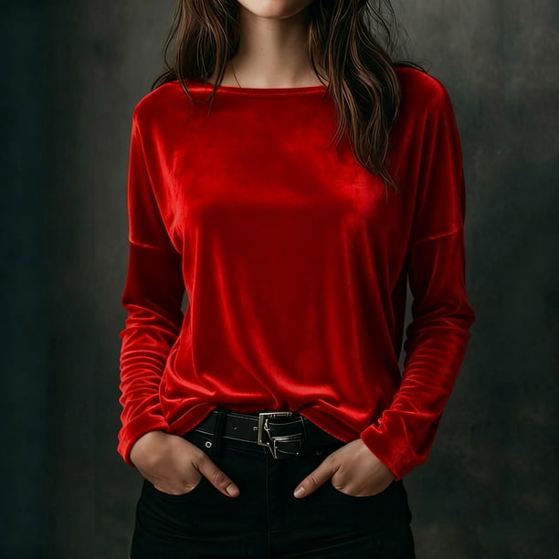 Karight Velvet Tops for Women Long Sleeve Crew Neck Tshirts Casual Loose Fit Tunic Blouses Elegant Party Dressy Outfits