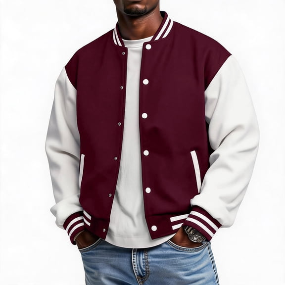 Havenx Mens Varsity Baseball Jacket Long Sleeve Button Down Bomber Jackets with Pockets Stand Collar Coats Stylish Lightweight Fall Winter Loose Fit Outerwear