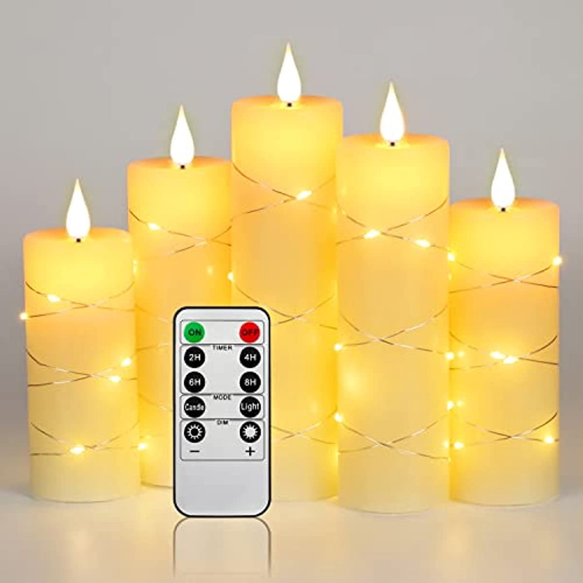 Pack of 5 Flickering Flameless Candles with Embedded String Lights, Battery Operated Electric Pillar Candle 3D Teardrop