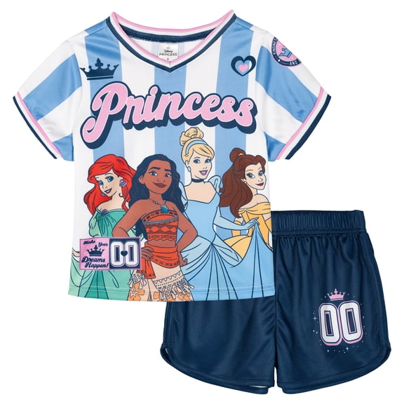 Disney Princess Moana Belle Cinderella Mesh Baseball Jersey Athletic V-neck T-Shirt and Shorts Outfit Set Toddler to Big Kid