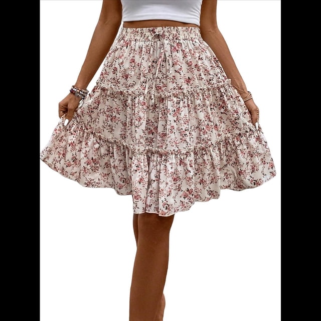 Falda de Mujer con Estampado Floral, Dobladillo con Volantes, Cintura Alta Elástica y Lazo Frontal. Lechoso XL