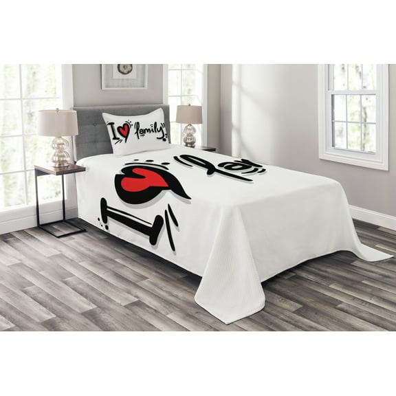 Ambesonne Family Quilted Bedspread Set 2 Pcs, I Heart Family Pictogram, Twin Size, Black Red White