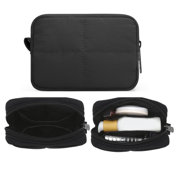Bolsa de maquillaje JINSI pequeña acolchada, de nailon, para viajes, cosméticos, color negro