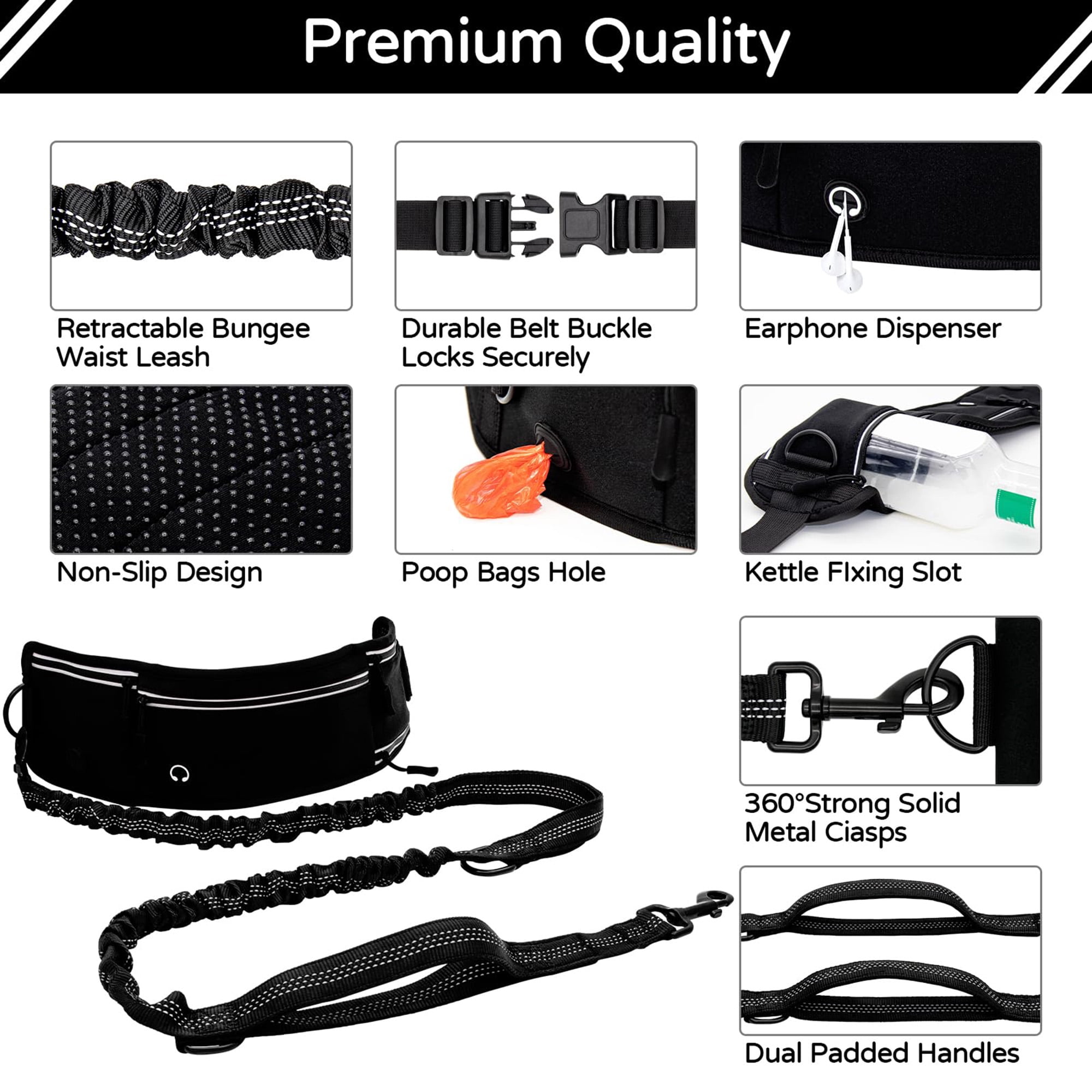4 in 1 Hands Free Waist Dog Leash, Waist Leash for Dog Walking, Waist Running Leash with Zipper, Walking Pouch for Dog Walking,Reflective Dual Padded Handles Walking Leashs, Bungee Retractable Leash