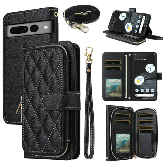 Dswteny Argyle Wallet Case for Google Pixel 7 Pro 5G with Wrist Strap Shoulder Strap Flip Credit Card Holder Stand Accessories Cell Phone Cover for Pixel7Pro Pixel7 XL Seven 7Pro 6.7 Girls Black