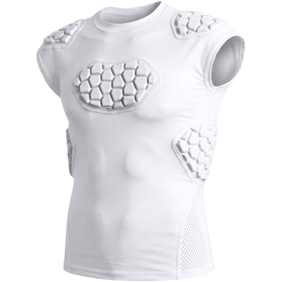 Exxact Sports Elite 6-Pad Adult Padded Football Shirt with Chest, Shoulder, Ribs & Spine Protection, Mens Football Padded Compression Shirt (White, Adult Small)