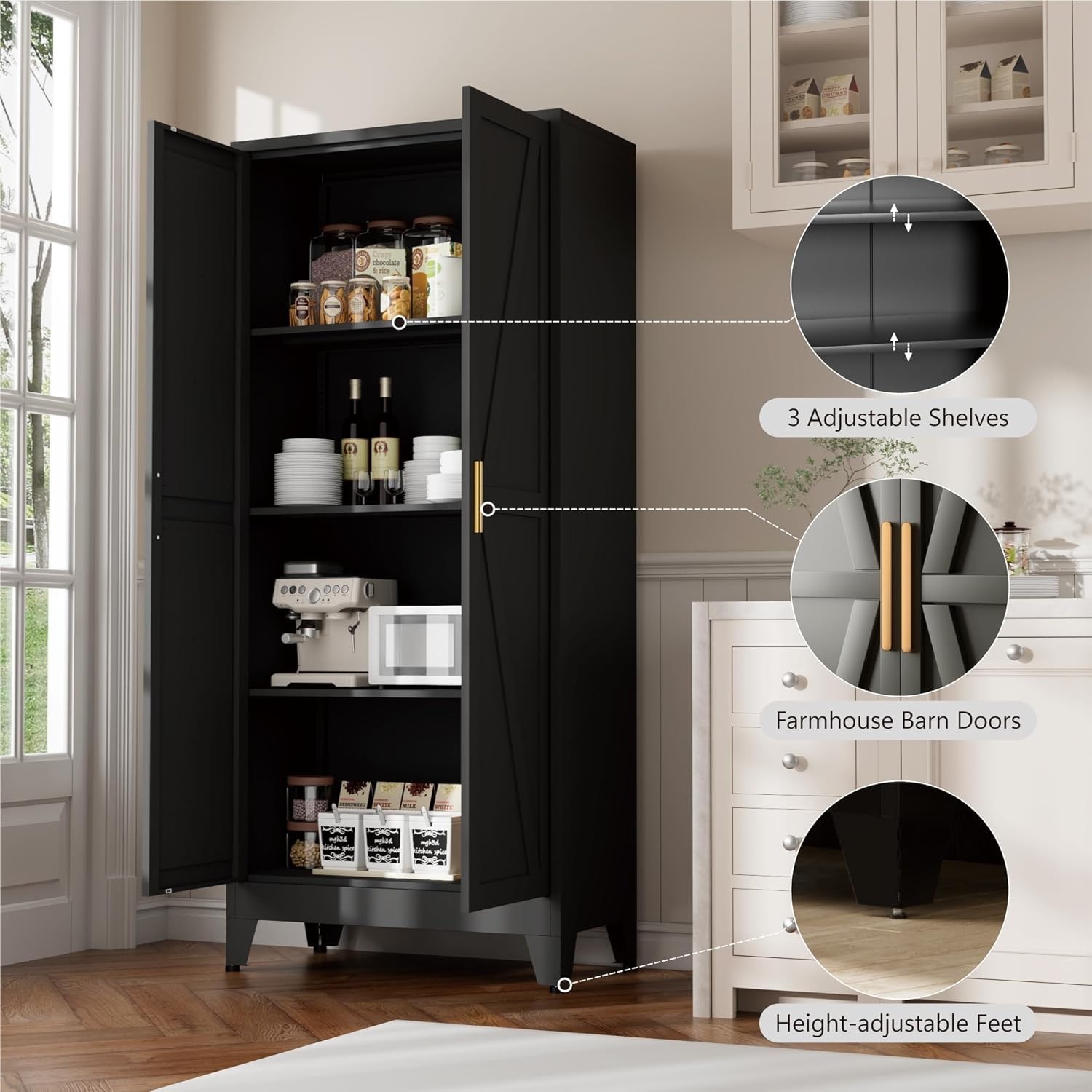 WDZS Large Metal Kitchen Pantry Cabinet with Adjustable Shelves - Freestanding Kitchen Storage Cabinet for Dining Room,Livingroom Bathroom, Hallway, Workshop, Office,Black