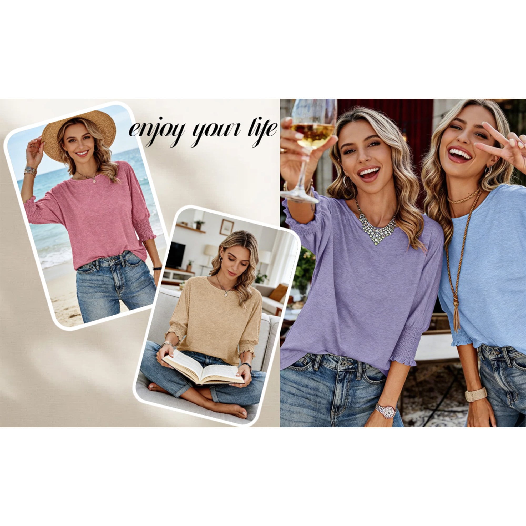 UVN Crewneck Blouse for Women Summer 3/4 Sleeve T-Shirts Casual Tees Ladies Loose Tops