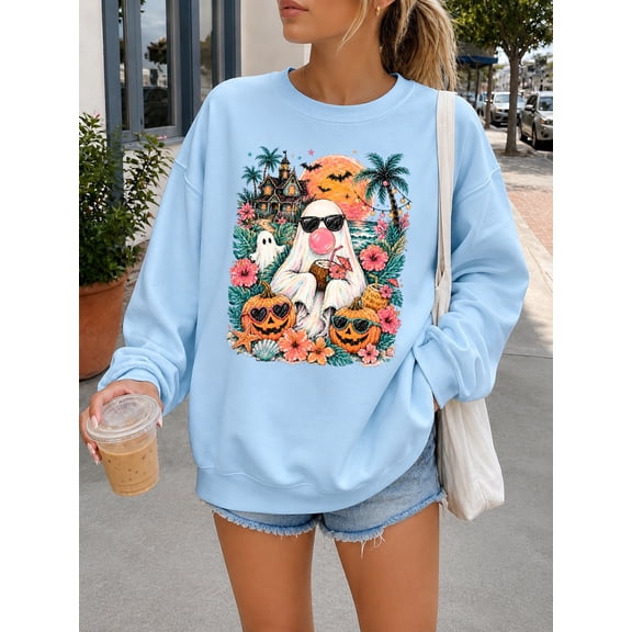 Summerween Sweatshirt, Tropical Halloween Ghost Crewneck, Beach Spooky Season Pullover, Cute Ghost Palm Tree Womens Sweatshirt