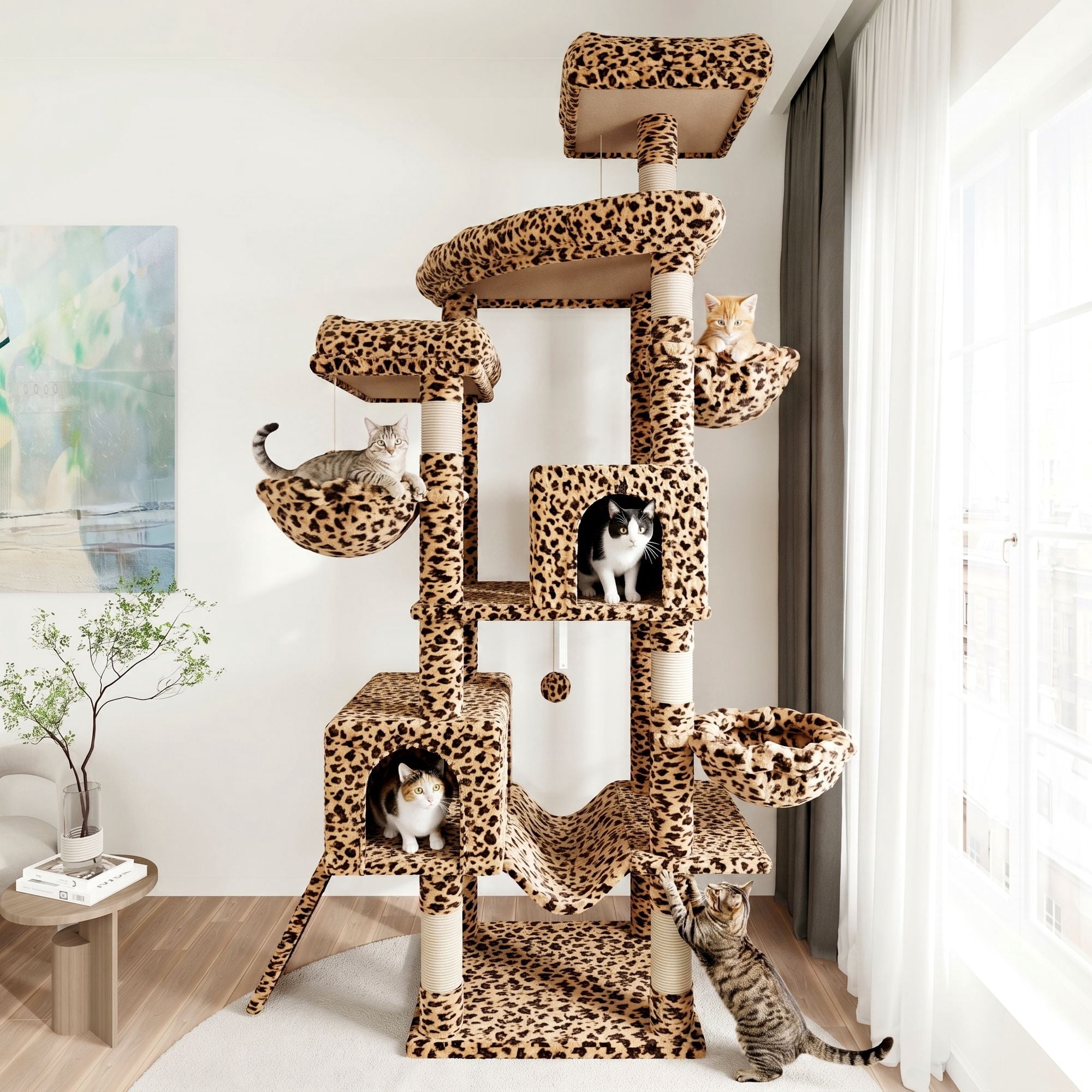 Merrland 82" Multi-Level Large Cat Tree Tower for Indoor Kitties, Cat Furniture with Plush Condo Hammock Top Perch, Sisal Scratching Posts & Ramp, Leopard Print