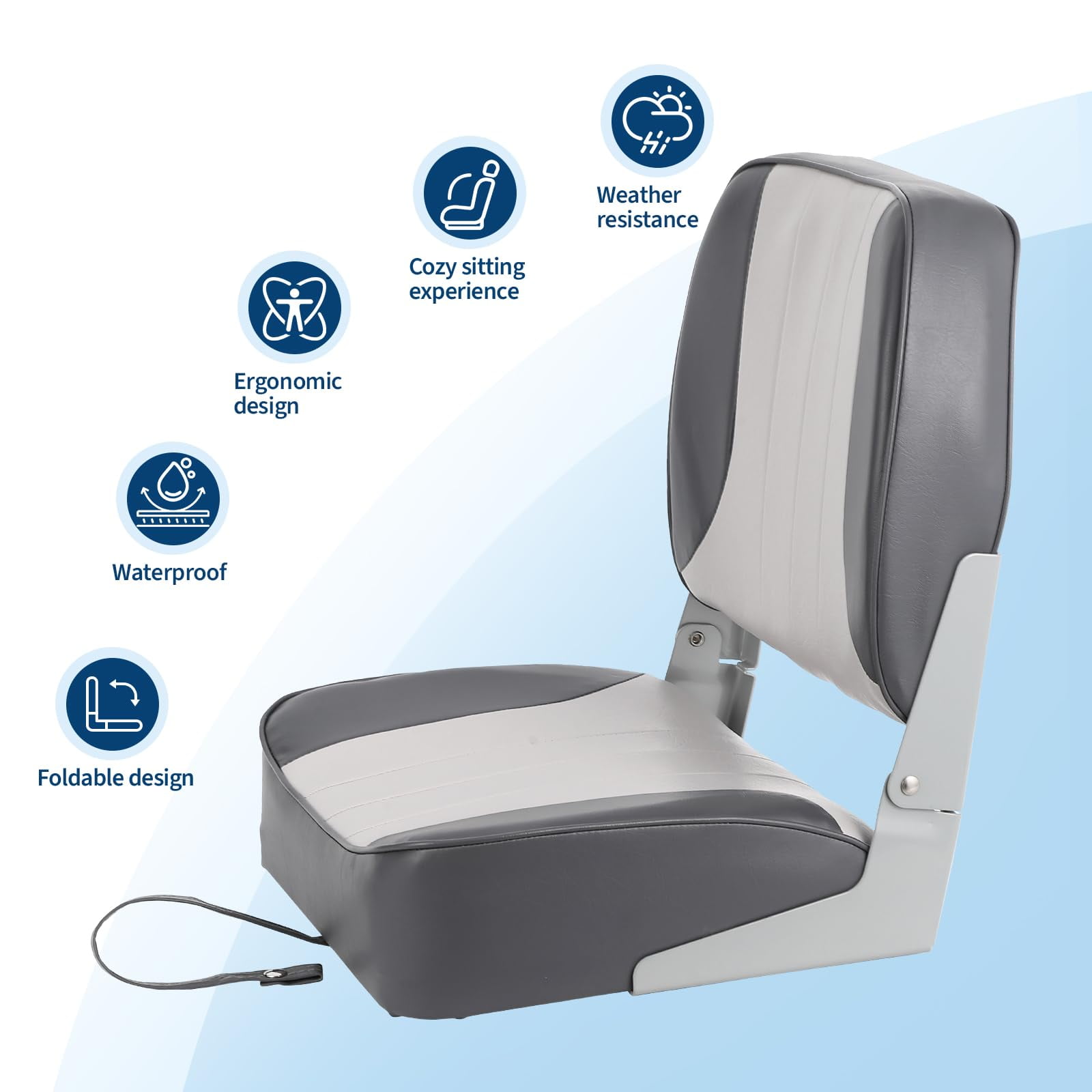 Kicctian 2 Pack High Back Folding Boat Seats with Thick Sponge Padding, Hinge & Fold-Down Design for Speedboat, Canoe or Sightseeing Boats,Grey+White