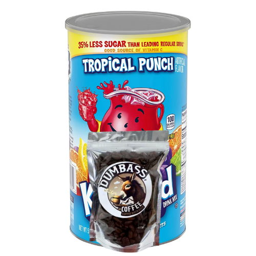 Kool-Aid Tropical Punch Flavored Powdered Drink Mix 82.5 oz Canister with Dumbass Coffee Beans