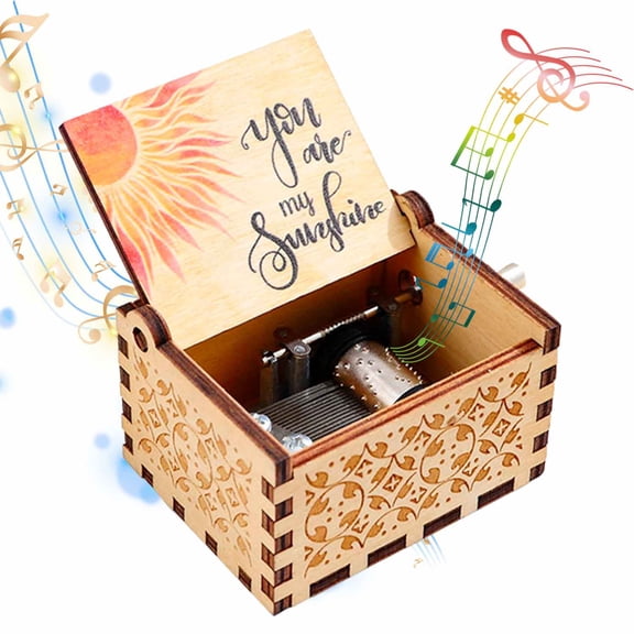 Wooden Music Box, Mini Vintage Hand Crank Music Box Laser Engraved You are My Sunshine Gifts for Wife, Daughter, Dad, Mom for Christmas, Anniversary, Birthday, Thanksgiving