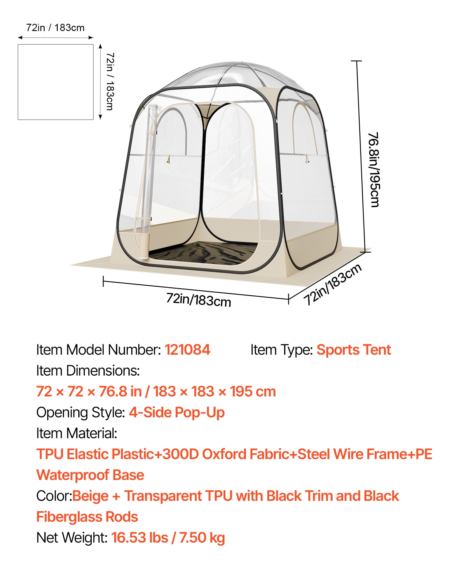 VEVOR Pop up Sports Tent, 72x72 in Clear Bubble Tent for 2-4 Persons, Waterproof Outdoor Pod with Floor Mat & Top Cover, Garden Igloo Dome Tents Camping Shelter for Events Fishing Cheering