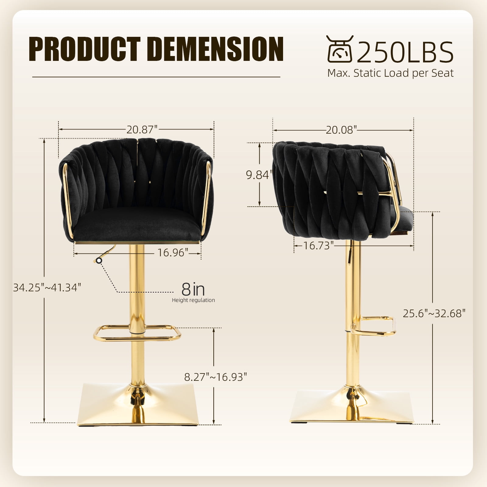 Homefun Velvet Bar Stools Set of 2,Modern Height Adjustable Swivel Barstools Counter Chairs with High Back & Gold Metal Base