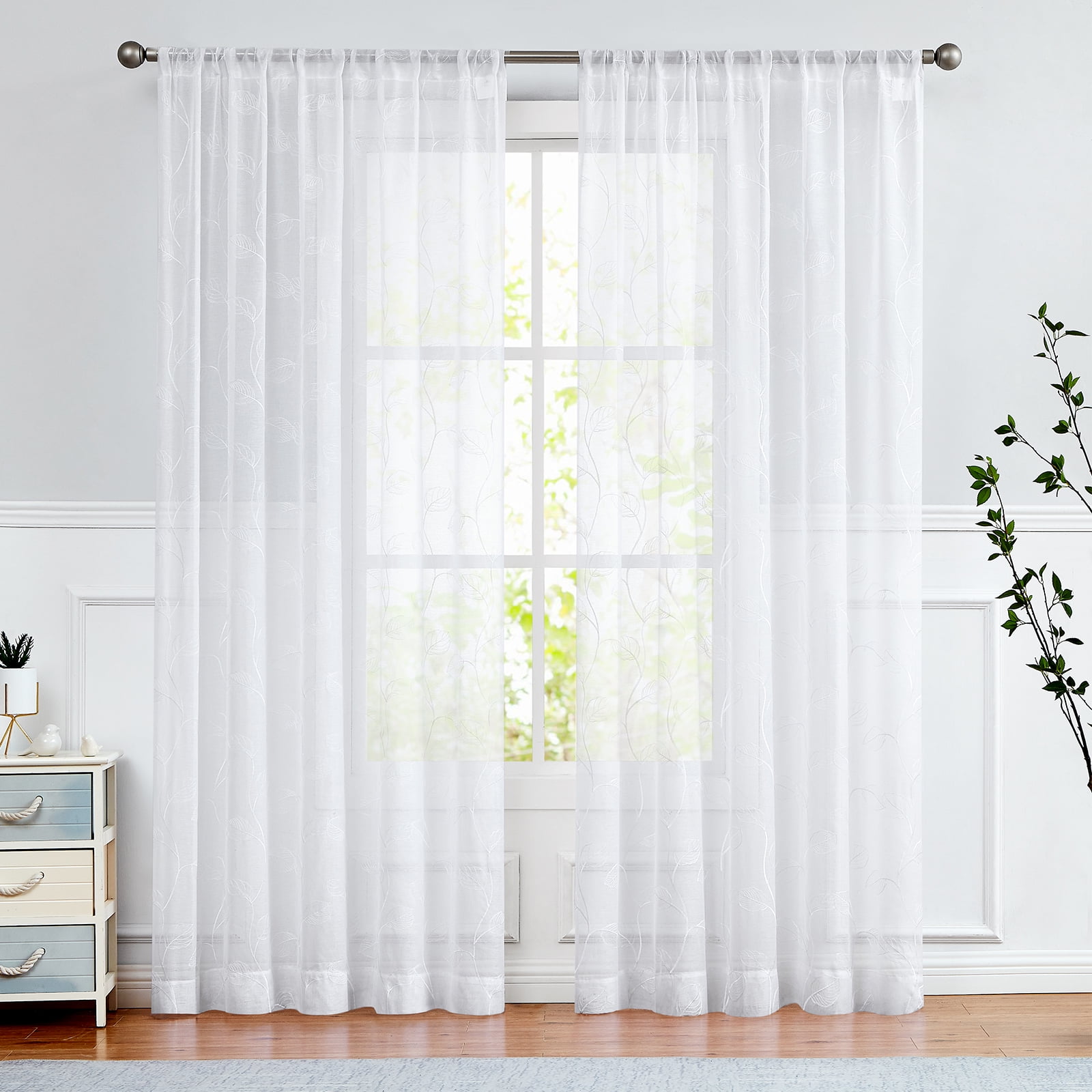 Curtainking White Sheer Curtains for Living Room Embroidered Leaf Window Curtains 84 inch Length light Filtering Drapes Rod Pocket 2 Panels White