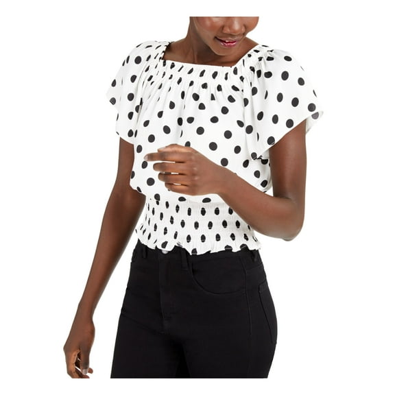 INC Womens White Polka Dot Cap Sleeve Square Neck Top S