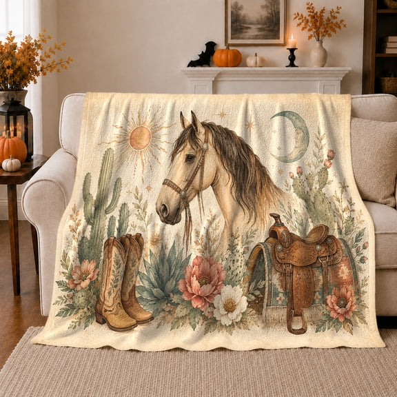 Western Ranch Horse, Cowboy Boots and Desert Florals, Warm Flannel Blanket for Ranch House and Living Room, Horse Lovers Housewarming Gift, Rustic Home Decor