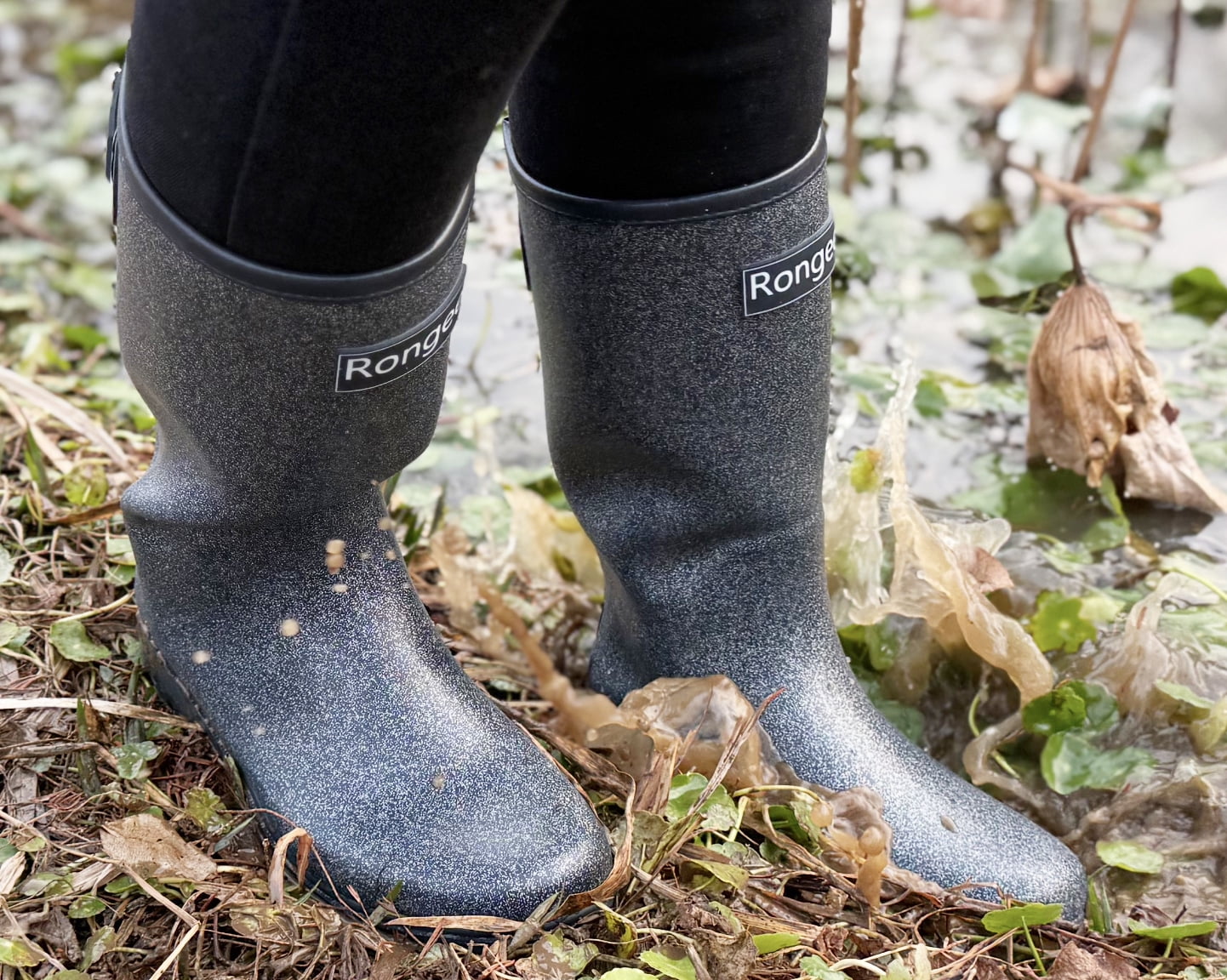 Rongee Waterproof Rain Boots for Women Mid Calf Garden Shoes Glitter Boots Outdoor Mud (7 B(M) US)