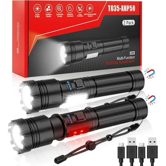 Magnetic Flashlight Rechargeable, High Lumens Super Bright Small LED Pocket Flashlights with COB Side Light, Type C, Zoomable, 7 Modes, IPX7 Waterproof Best  Flash Light for Camping