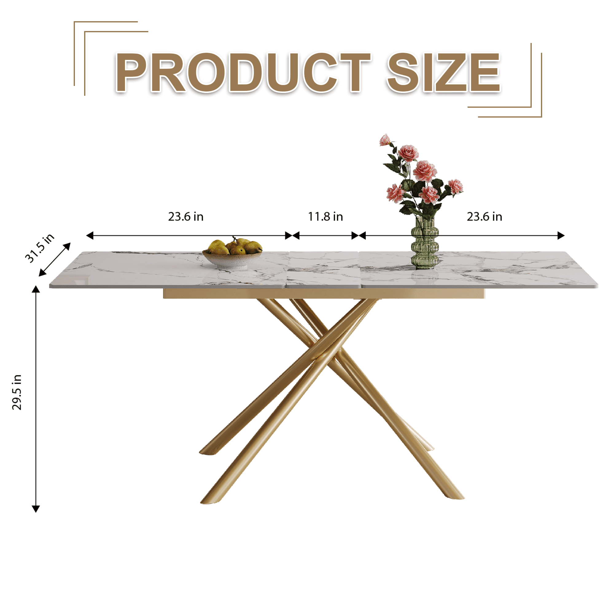 Montary 59-inch Modern Rectangle Expandable Dining Table with Retractable Leaf, Sintered Stone Top & Golden Carbon Steel X-Base, 4-6 Person Table for Small Apartments, Kitchen, Dining Room