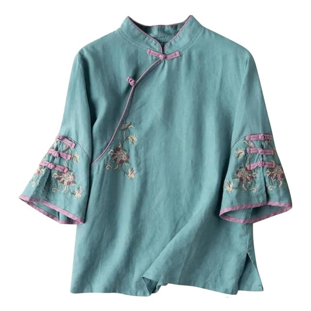 Camisa vintage de lino con cuello mao y bordados para mujer tallas grandes - Manga 3/4 holgada, material de poliéster, tallas M-XXXXL, prenda para primavera/verano