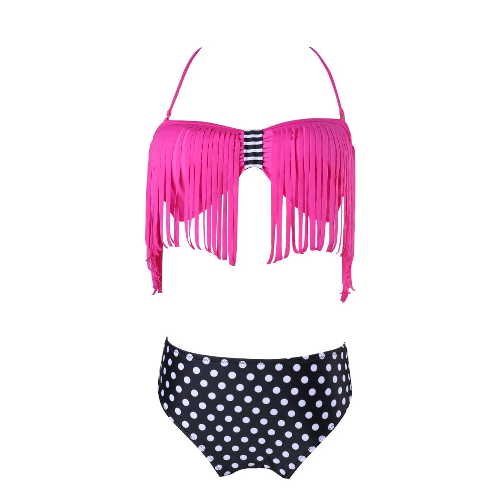 Women's Slim Low-Rise Fringe Bikini Two-Piece Swimsuit Polka Dot Bottom and Removable Straps Size S - L