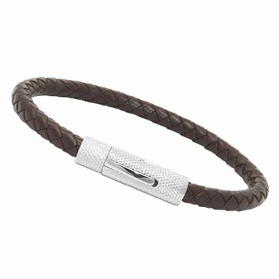 Genuine Braided Leather Bracelet With Stainless Steel Magnetic Clasp, Brown