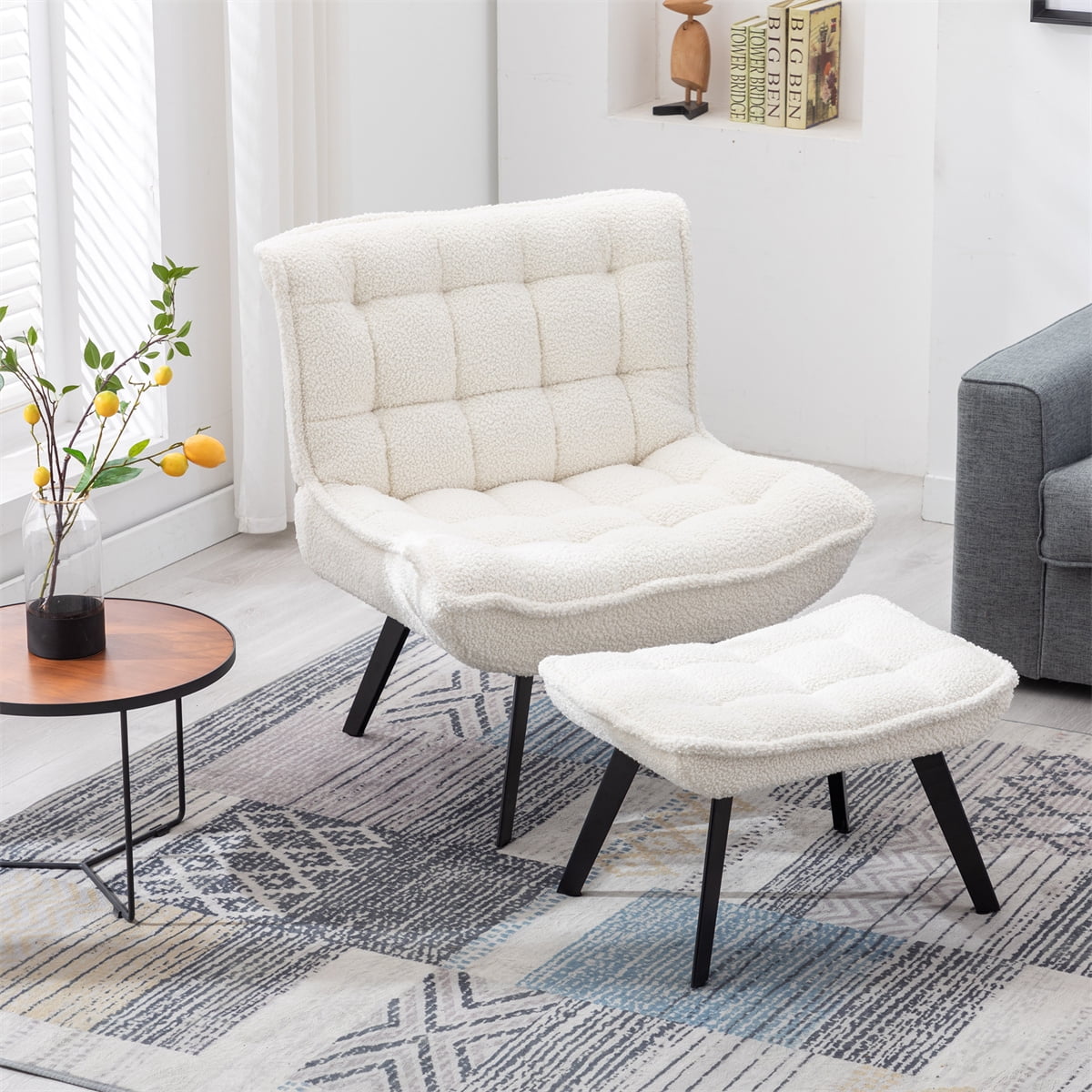 Accent Chair with Ottoman, Teddy Fabric Leisure Chair with Ottoman, Upholstered Club Chair with