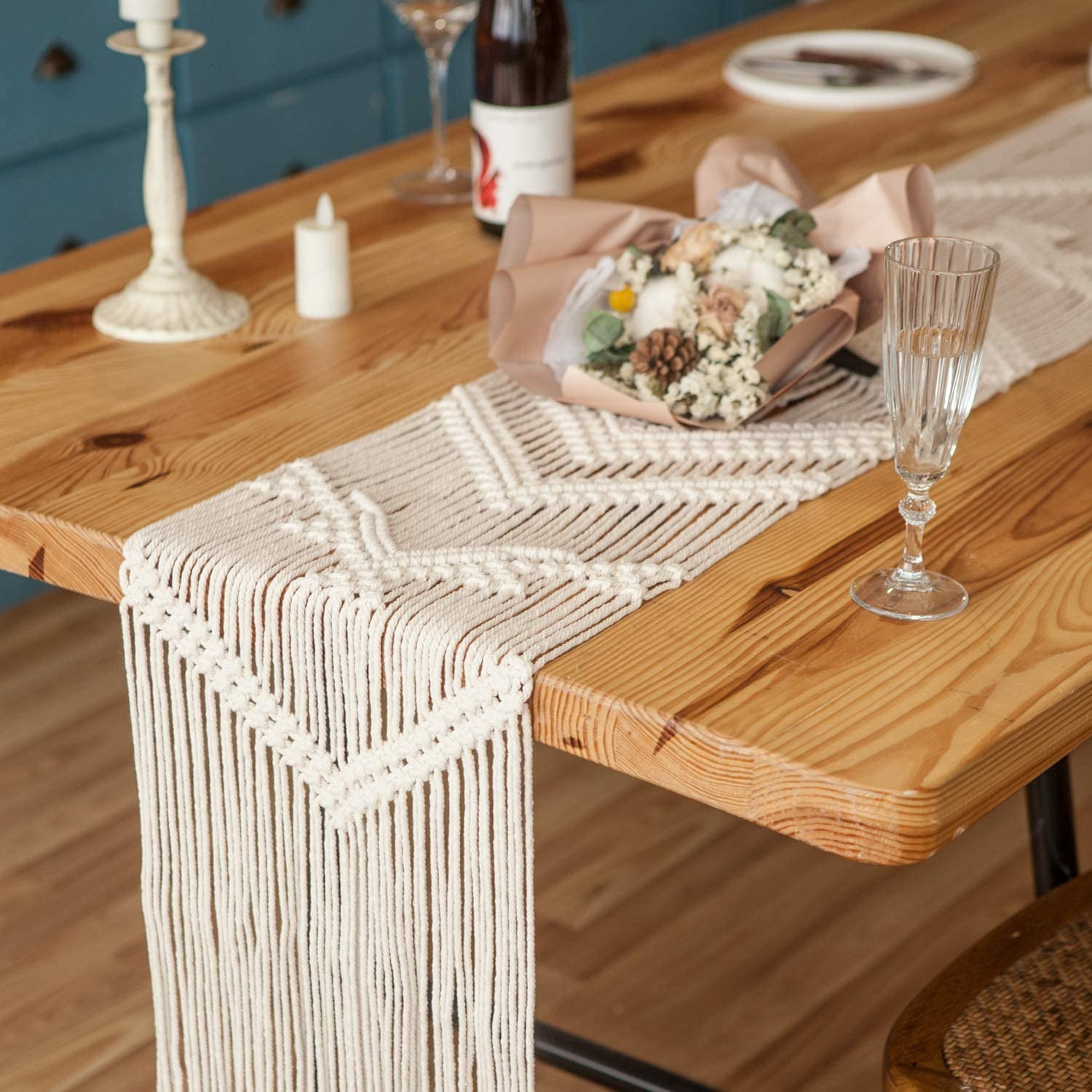 12 x 72 Inch Natural Cotton and Linen Macrame Table Runner with Tassel for Wedding Party Farmhouse Bridal Shower Kitchen Dinning Decor Splicing Cotton Boho Table Runner Decorations 
