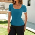 thumbnail image 4 of WTXUE T-Shirts Short Sleeve, Square Neck Shirts for Women's Square Neck Color Block T Shirt 2024 Summer Sli Crop Tops Solid, Knit Tops | Casual for Women Dark Blue M, 4 of 8