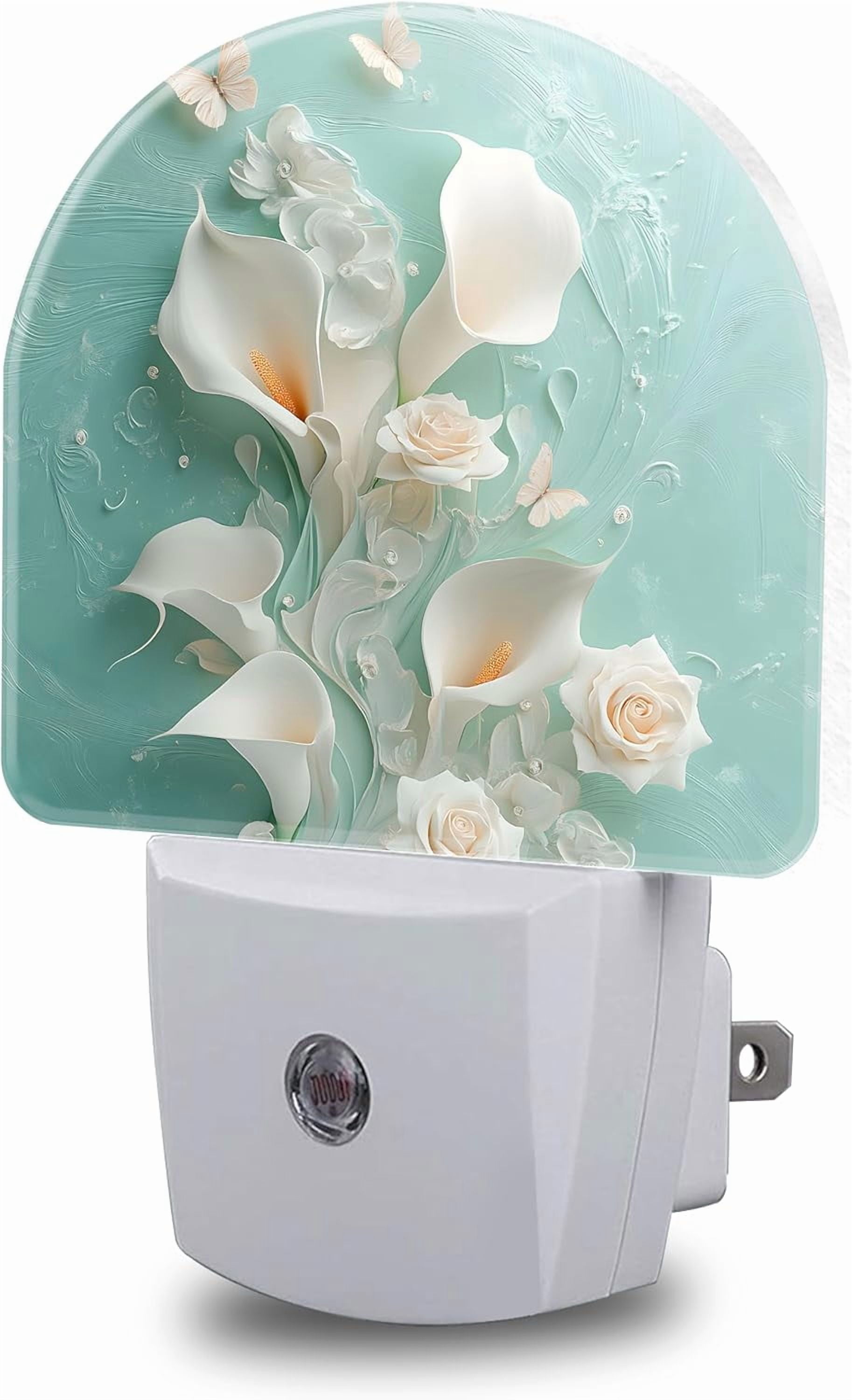 RGHJAR-Night Light, White Calla Lilies and Butterflies Night Lights Plug into Wall Dusk to Dawn Sensor Round Nightlight for Women Men Energy Efficient Led Lamp 0.5W for Stairway Hallway Bedroom