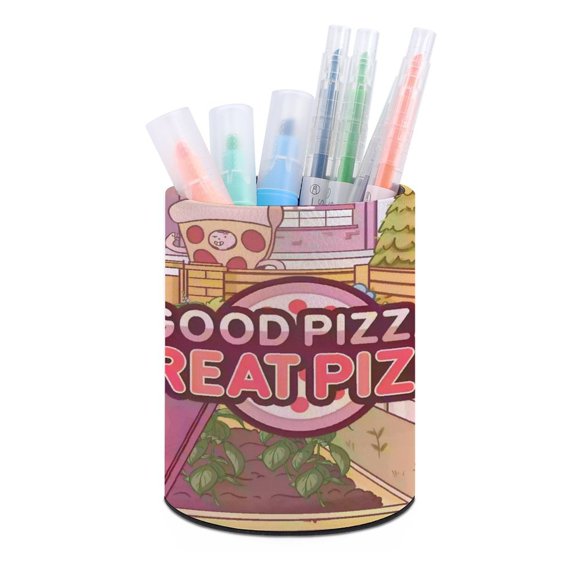 Juego de Pizza-theme Cylinder Pen Holder Pencil Organizer with Flannel Lining PVC Leather Material Cardboard Base for study work 10*8CM