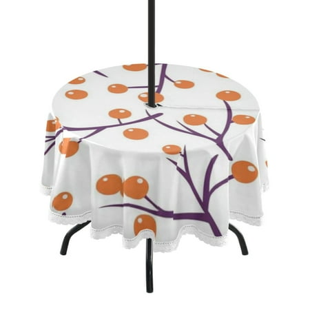 

60 Outdoor Round Tablecloth with Umbrella Hole & White Lace Trim Waterproof Patio Table Cover for Garden Kitchen Dining Small Orange Berries