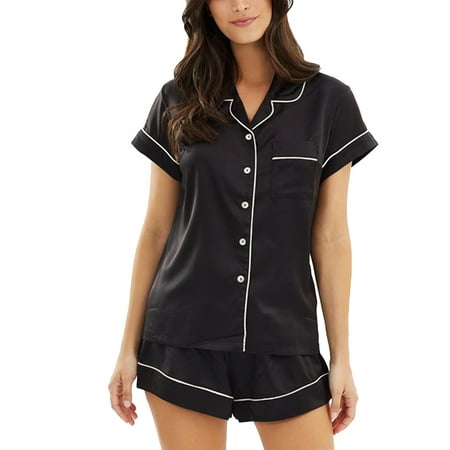 

2Pcs Women Lapel Short Sleeves Shirt + Shorts Summer Pajama Set