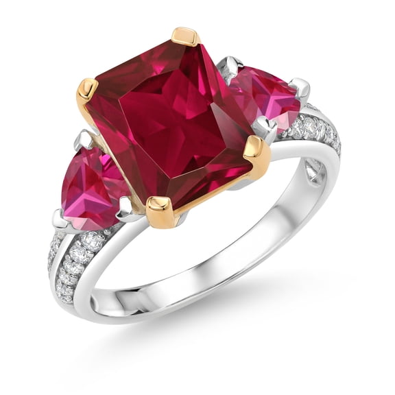 Gem Stone King 925 Sterling Silver and 10k Yellow Gold Red Created Ruby 3 Stone Engagement Ring for Women (4.85 Cttw, Octagon Cut 10X8MM, Size 6)