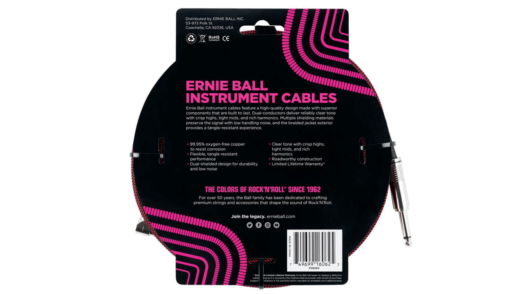 Ernie Ball Braided Instrument Cable, Straight/Angle, 25ft, Red/Black P06062